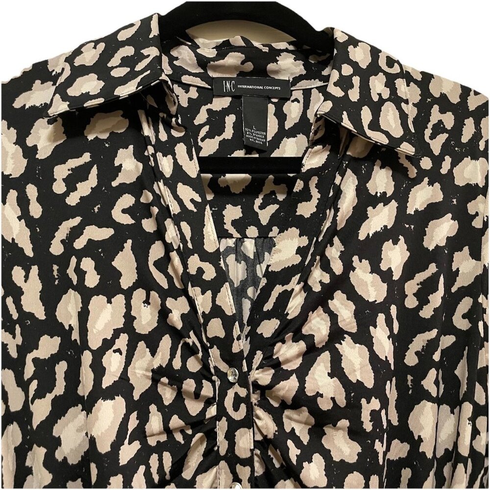 INC INTERNATIONAL CONCEPTS Black Leopard Chain Belt Roll-Tab Sleeve Dress Sz L - Picture 3 of 9